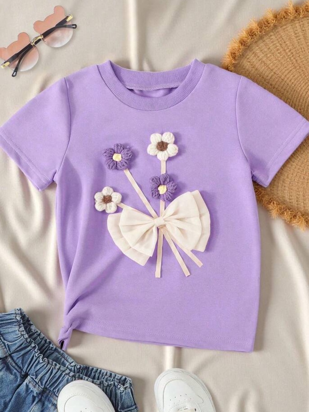 Purple Floral Bow Short-Sleeve Tee for Kids